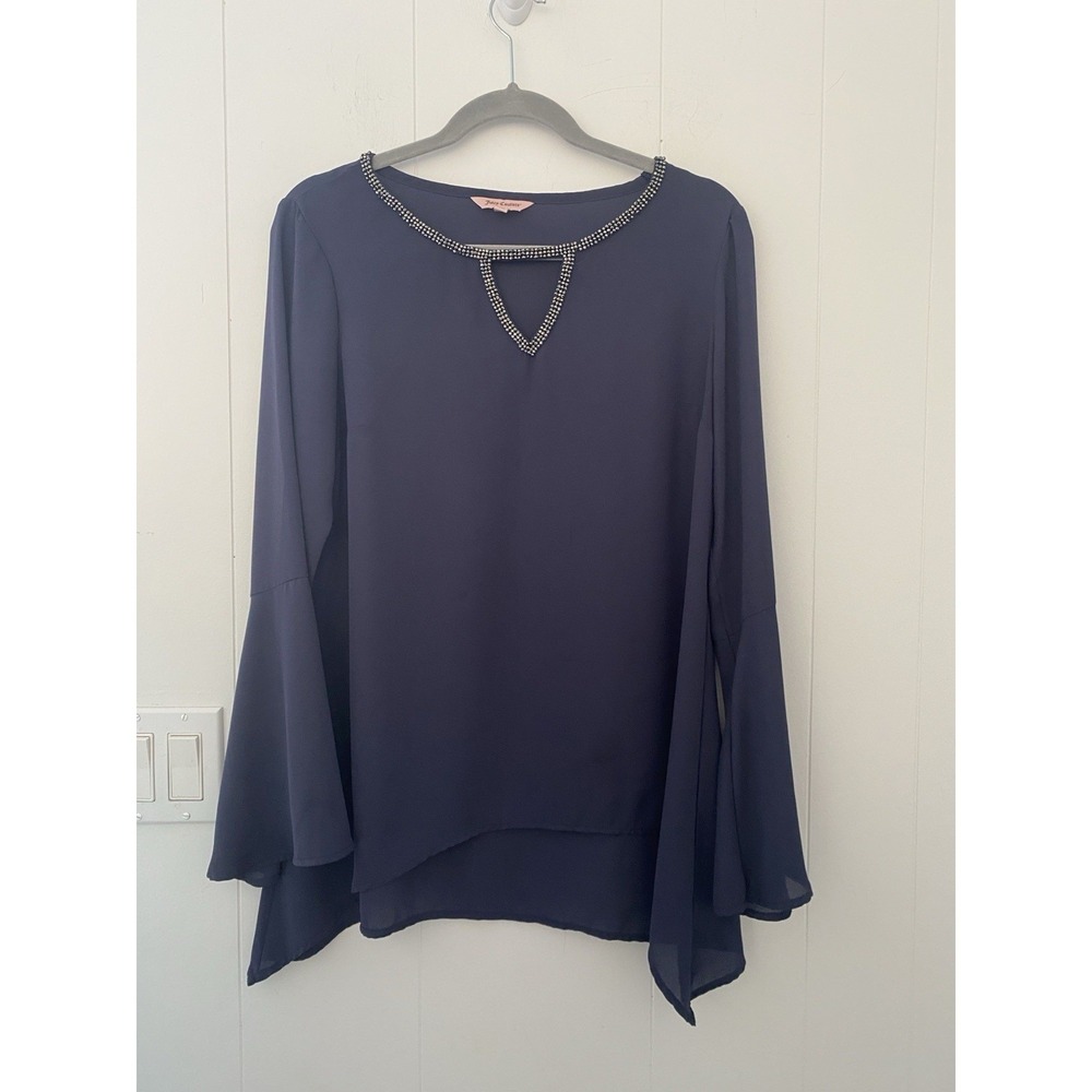 Juicy‎ Couture Blouse Top Medium Bell Sleeve Rhinestone Navy Blue